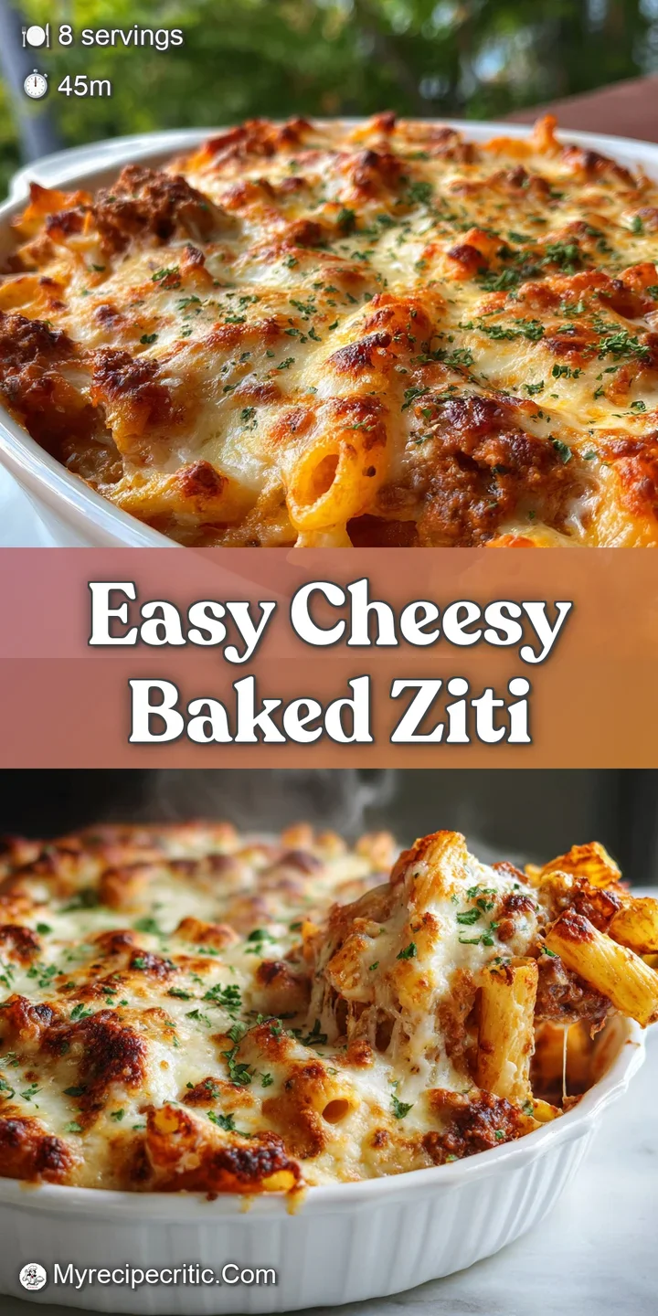 Close-up of bubbly, browned mozzarella cheese stretching across the surface of baked ziti. Hints of rich, red tomato sauce...