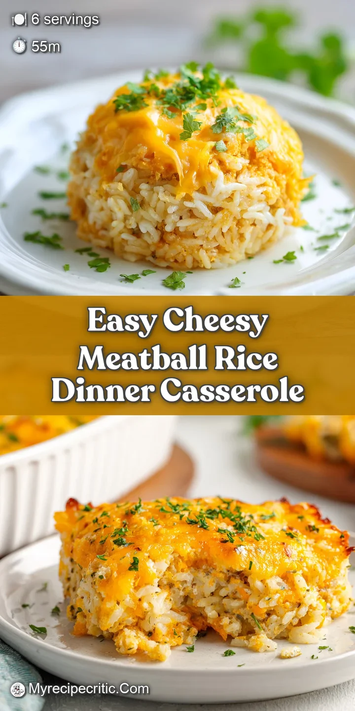 Close-up of a cheesy meatball rice casserole. Bubbling cheese and meaty meatballs create a delicious and comforting texture.