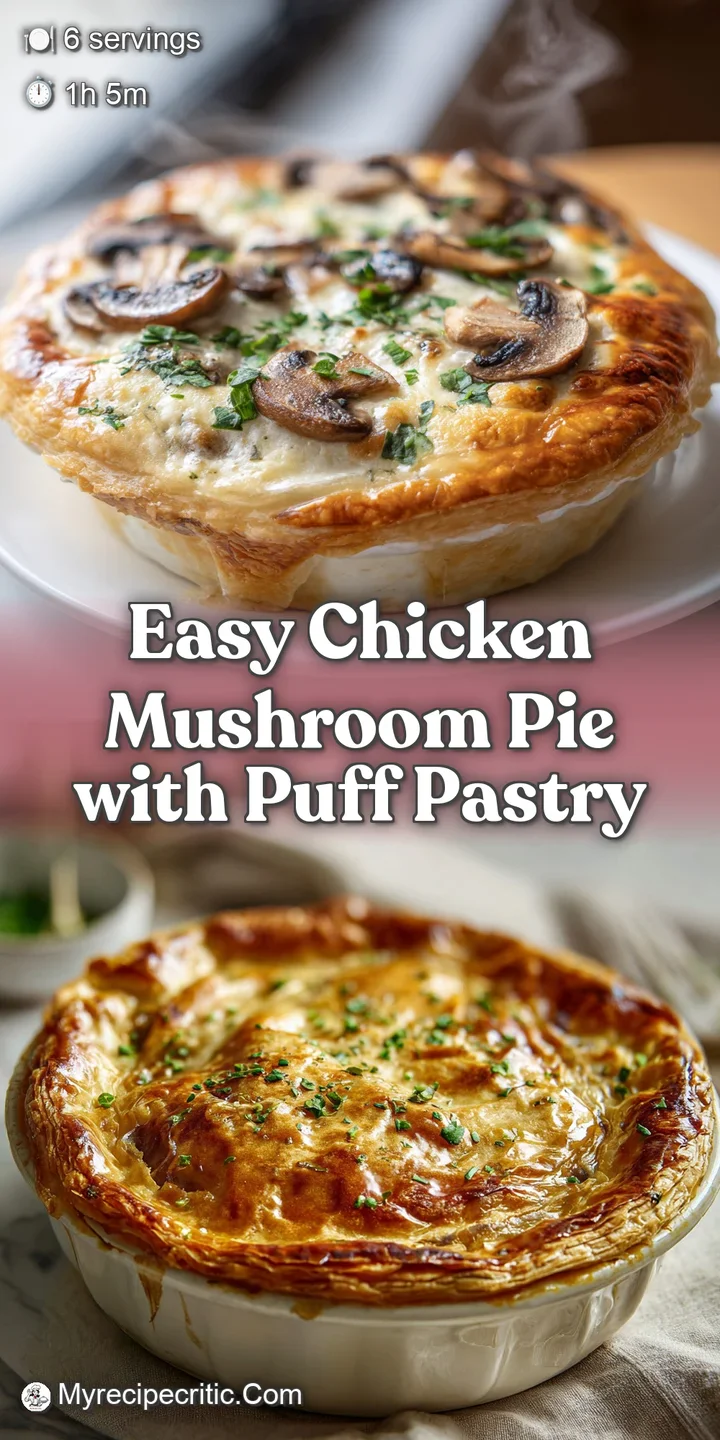 Close-up shot of a chicken pie, steam rising, revealing a rich, creamy filling with tender chicken and earthy mushrooms be...