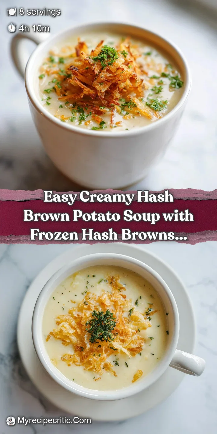 Close-up of creamy potato soup with golden hash brown bits. Melty cheese pulls, and fresh herbs add vibrant color. Comfort...
