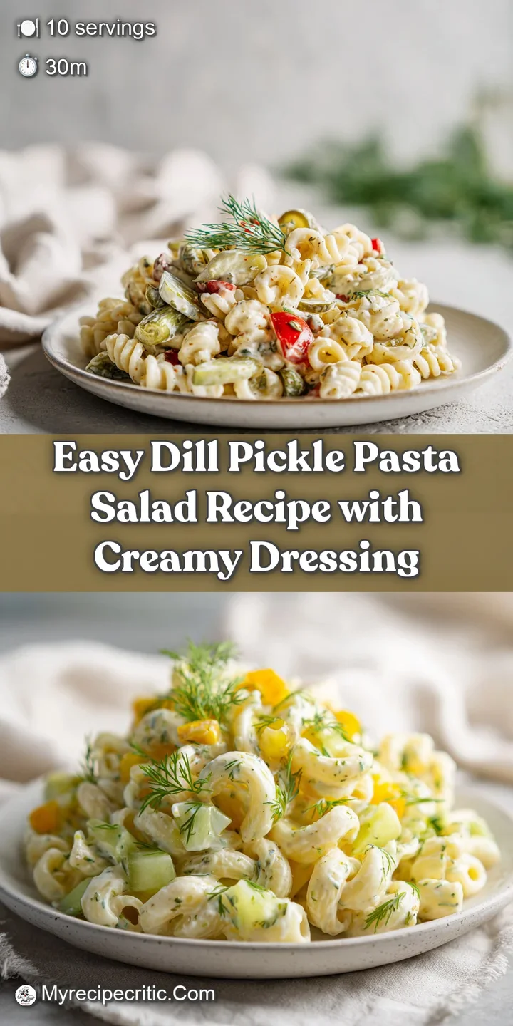 Close-up view of dill pickle pasta salad, highlighting the creamy texture, chopped dill, and the crinkle-cut pickles. Appe...