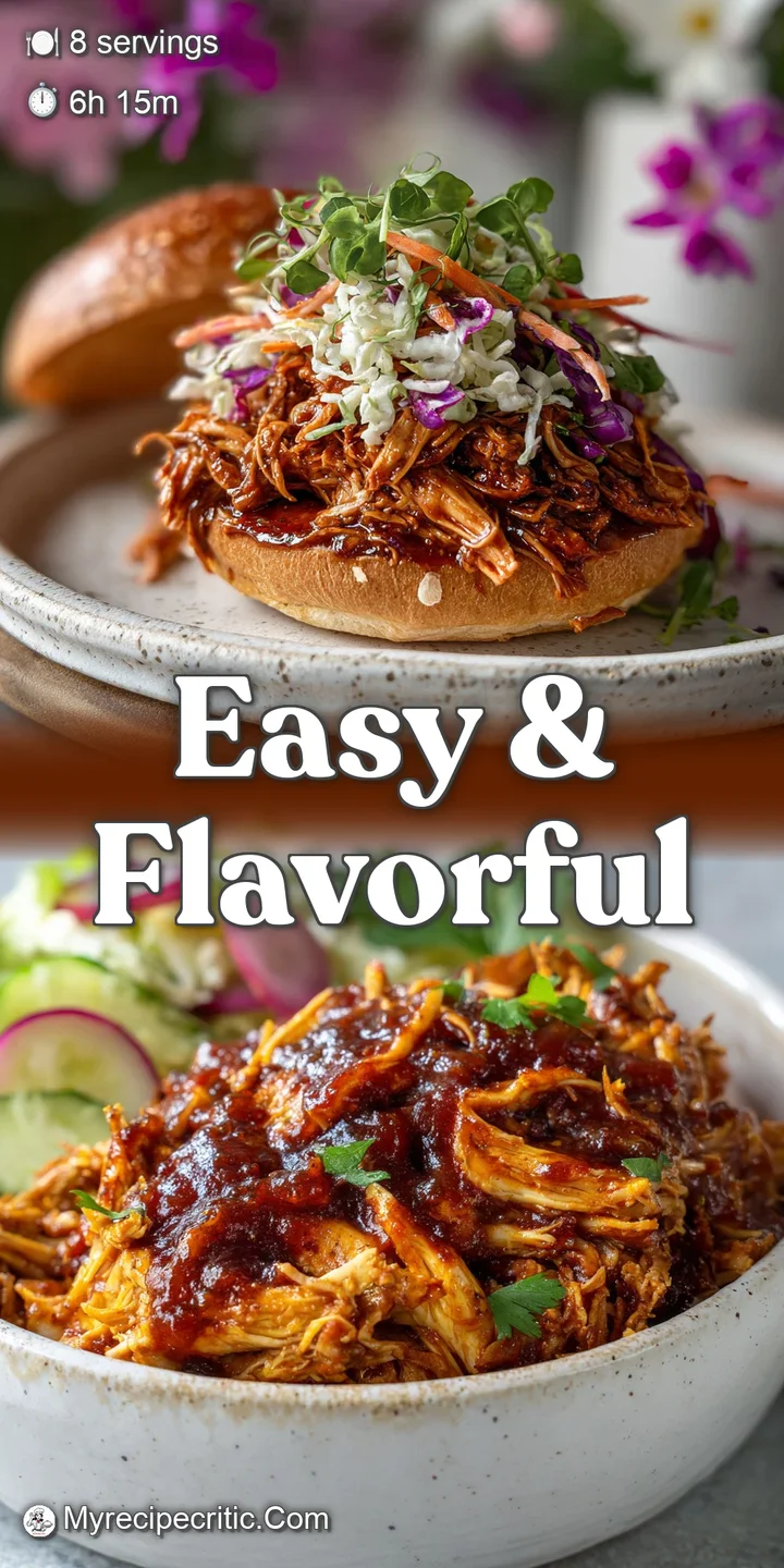 Close-up of glistening, smoky pulled chicken with sticky BBQ glaze; shredded texture highlights the meat's juicy tenderness.