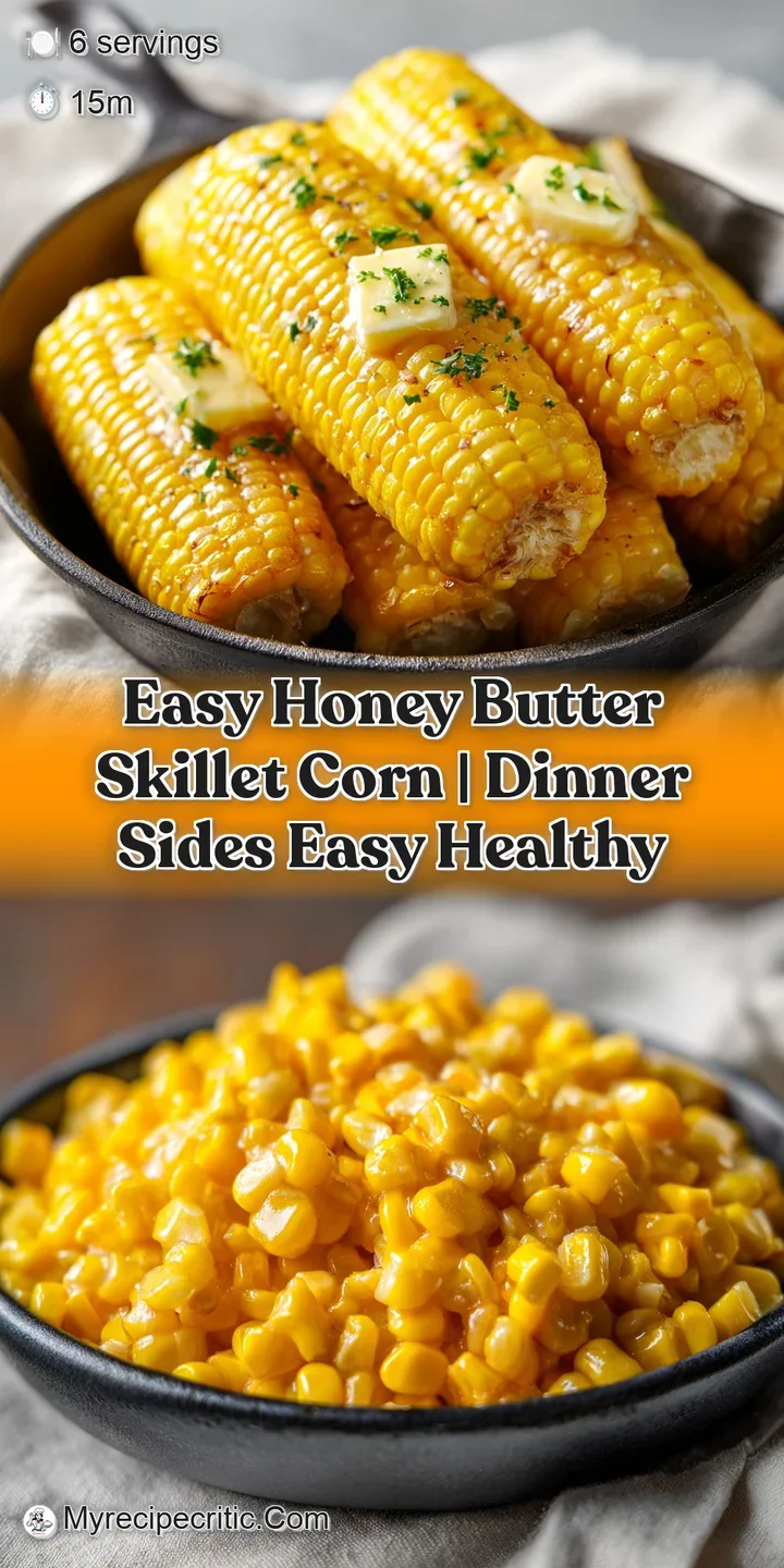 Close-up of honey butter melting into sweet corn. A warm, comforting side dish with visible steam rising from the skillet.