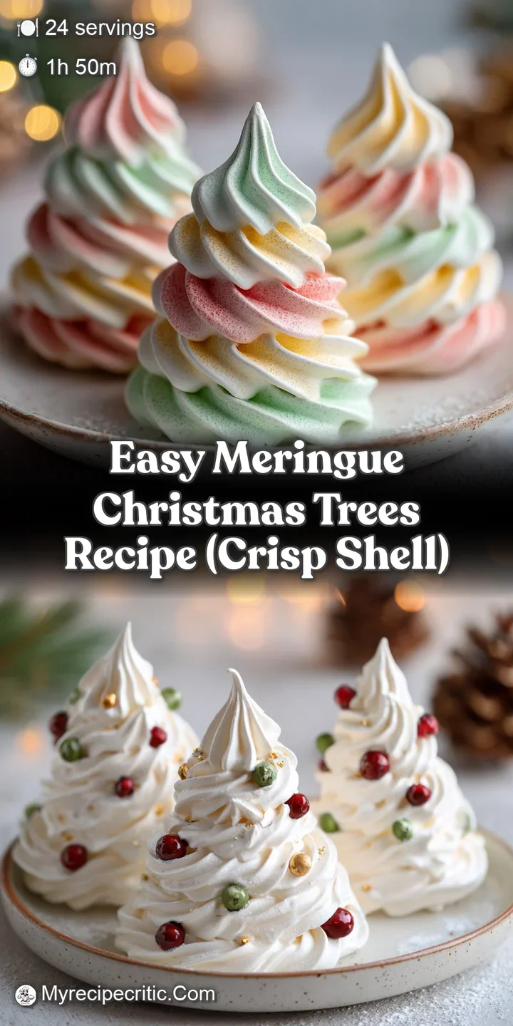 Close-up of a swirled green meringue tree, the sugary peaks catching light, sprinkled with festive edible glitter and tiny...