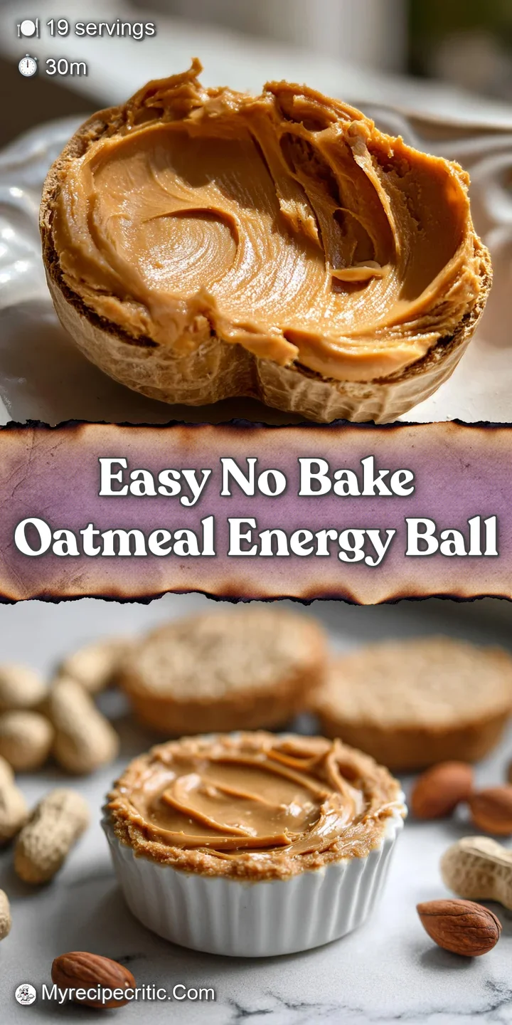 Close-up of a single no-bake energy ball showing the rich, dark color and chunky texture from oats and other visible mix-i...