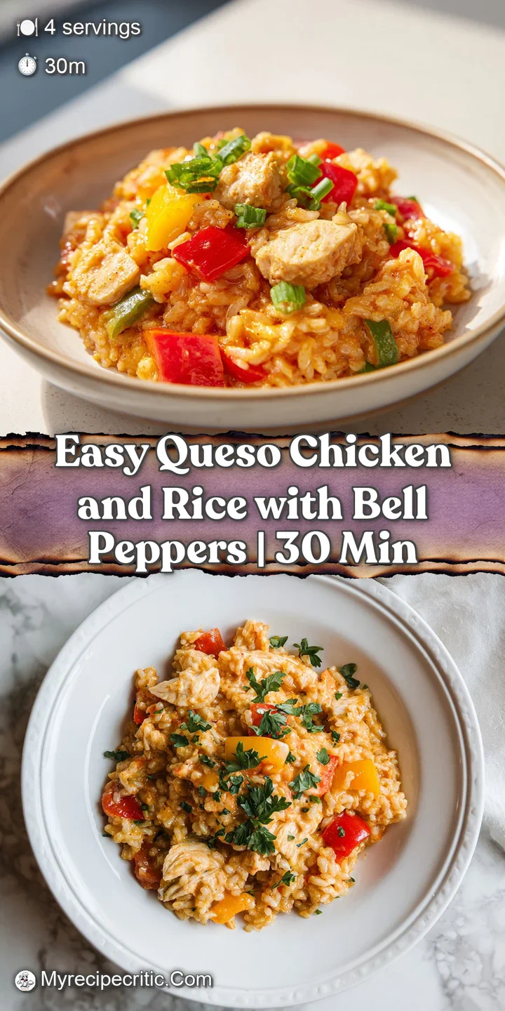 Close-up of glistening, cheesy chicken and rice, highlighting the colorful peppers and creamy texture. Irresistibly delici...