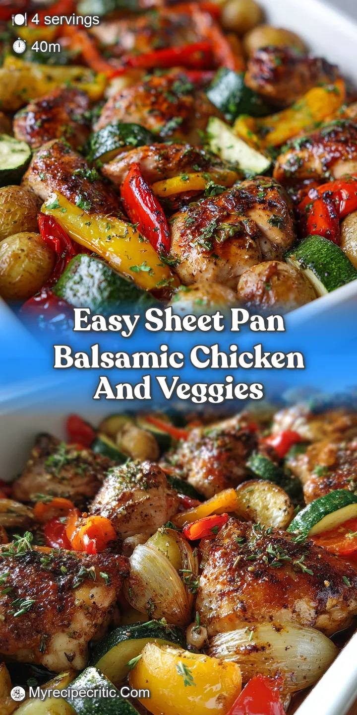 Close-up of glistening balsamic chicken and tender roasted vegetables. A tantalizing, flavorful, and healthy sheet pan din...