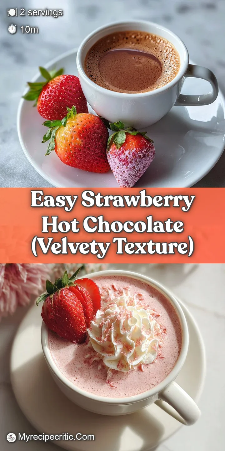 Close-up of creamy, rosy pink strawberry hot chocolate, a dusting of cocoa, and fresh strawberry pieces, inviting warmth.