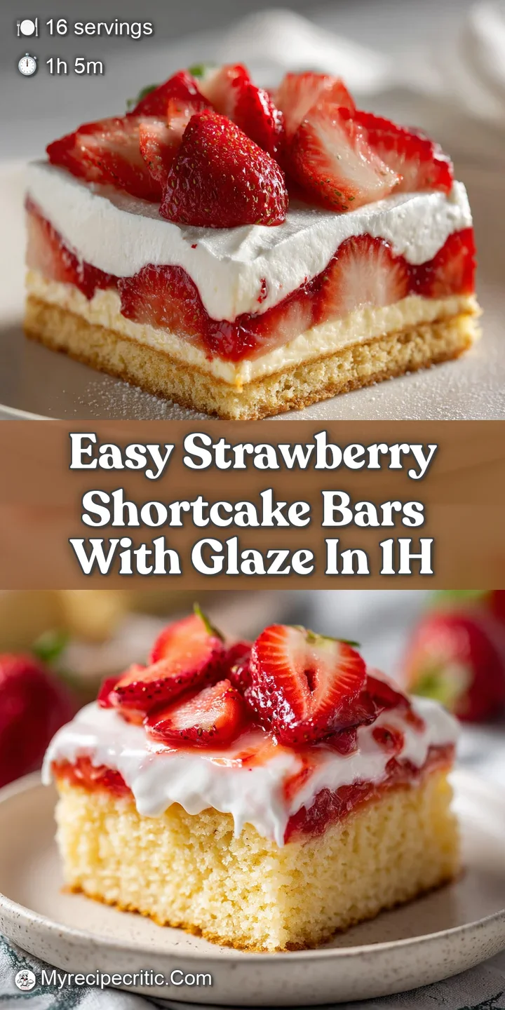 Close-up: Layers of crumbly shortcake, sweet strawberry slices, and a smooth, glossy glaze create a tempting dessert bar.