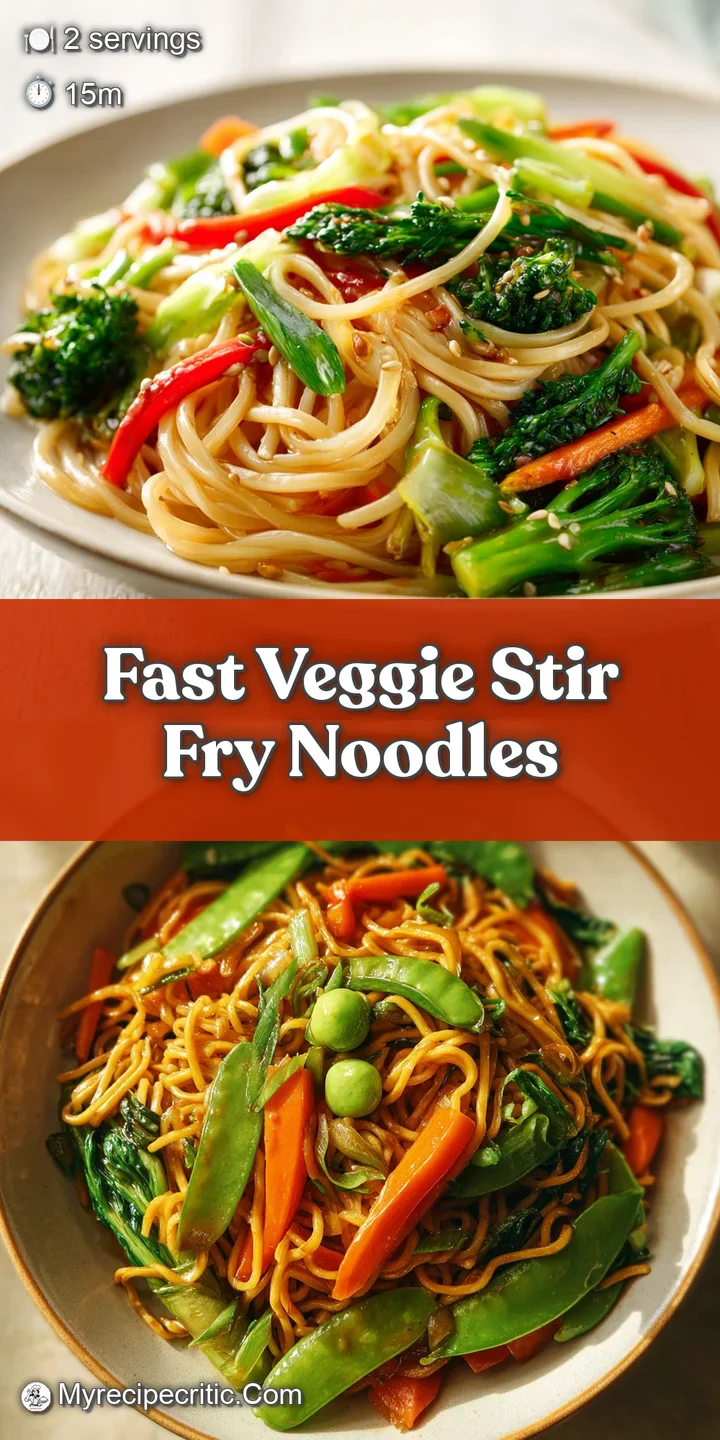 Close-up of shiny noodles with tender-crisp vegetables, coated in a rich savory sauce; visible steam adds warmth.
