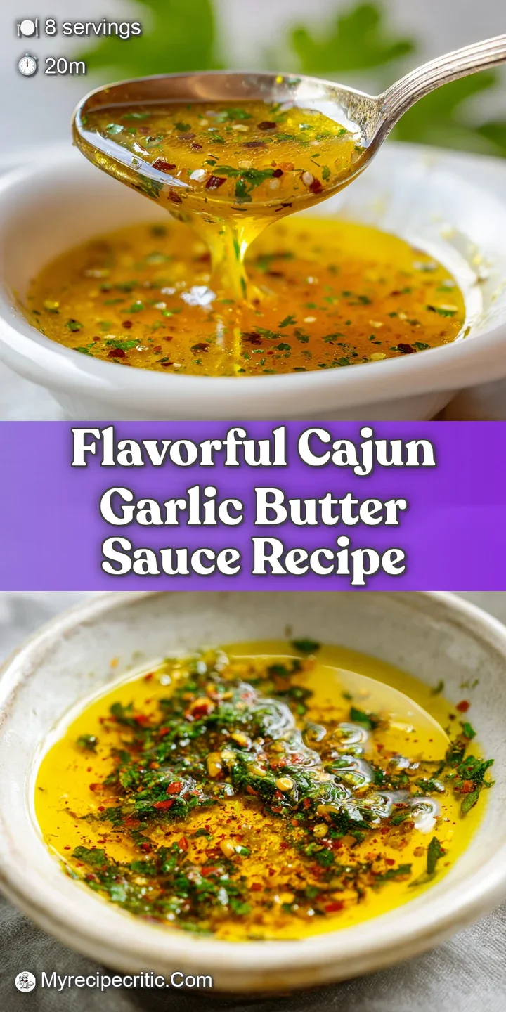 Close-up of the Cajun garlic butter sauce reveals a thick, glossy texture with visible garlic and pepper flakes suspended ...