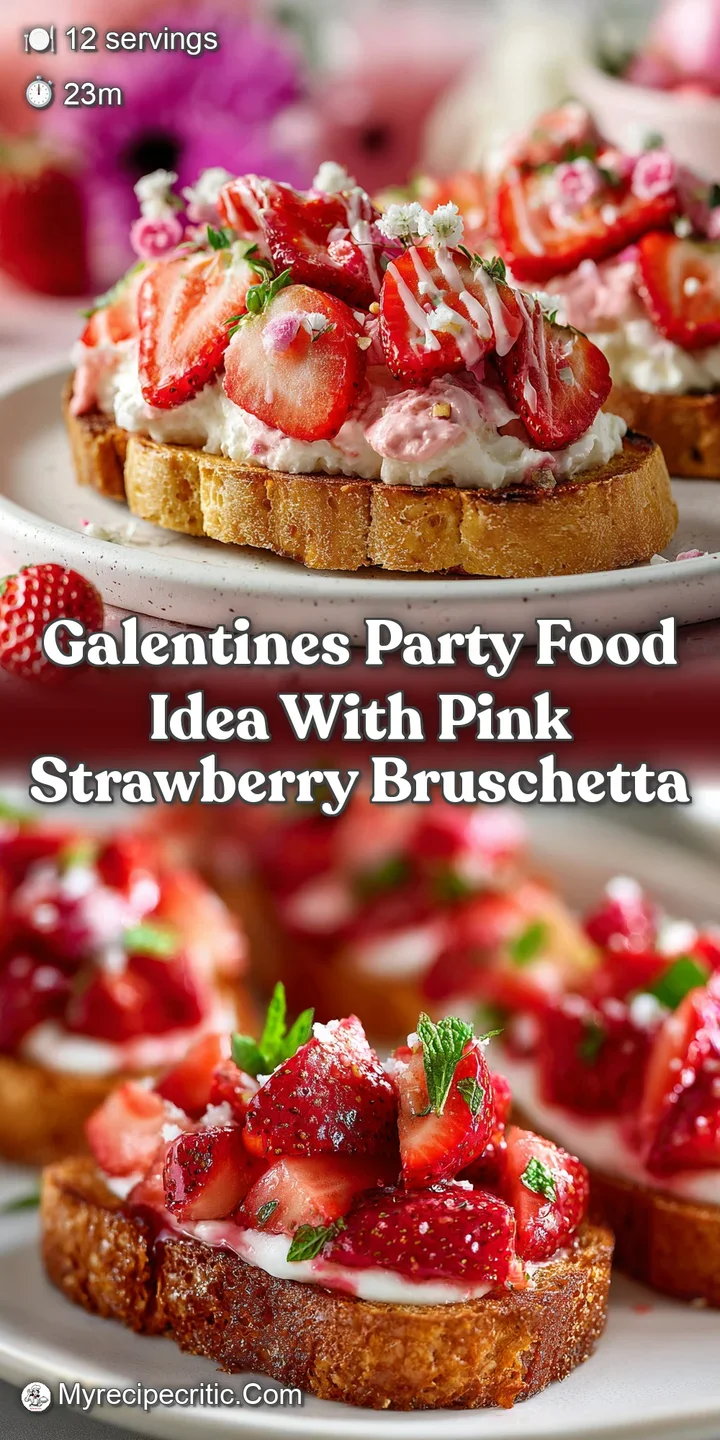 Close-up of a single bruschetta, revealing juicy pink strawberry slices atop toasted bread, glistening with glaze and a vi...
