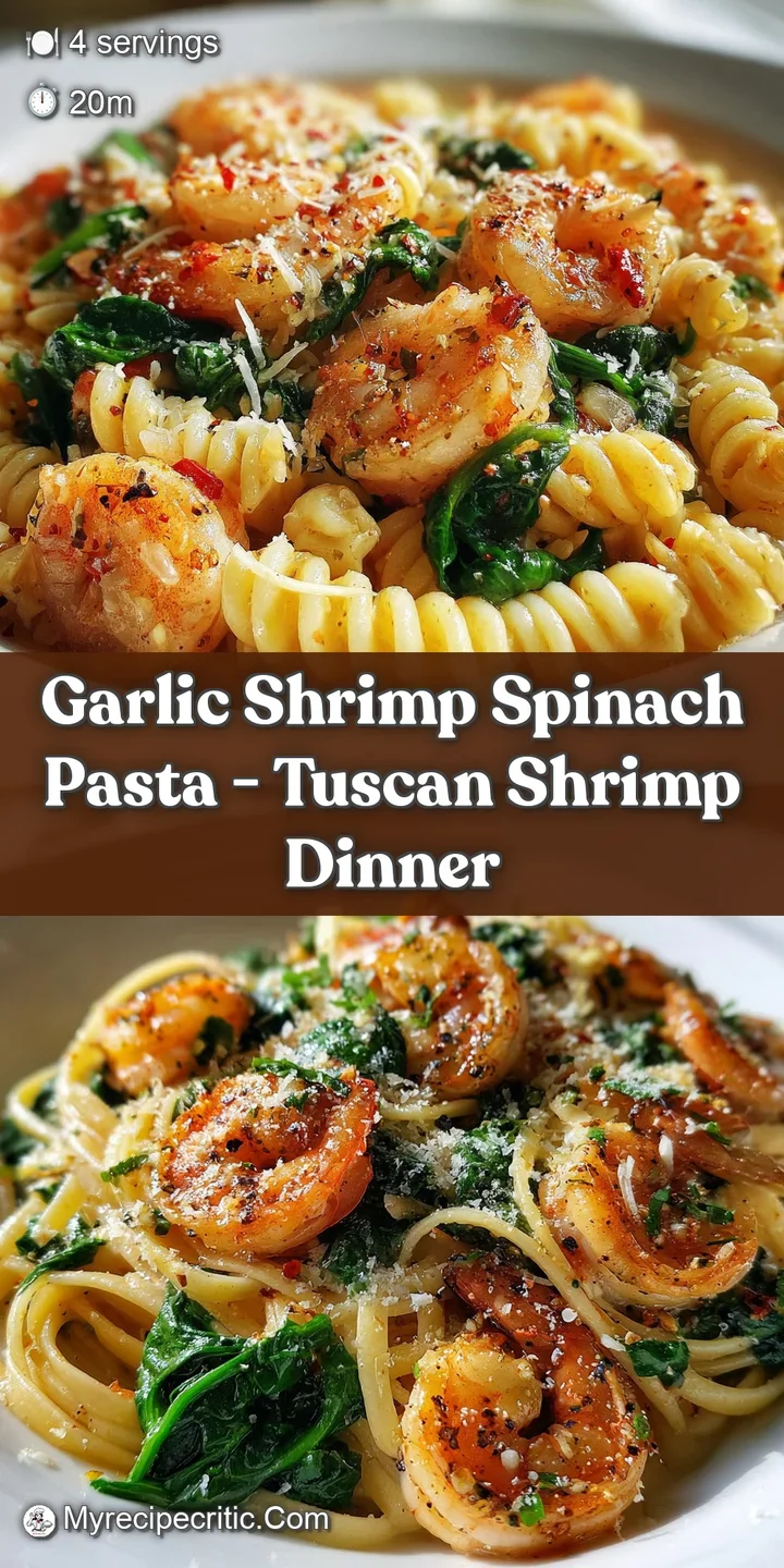 Close-up reveals juicy shrimp nestled among tender spinach and al dente pasta, coated in a luscious, shimmering garlic sauce.
