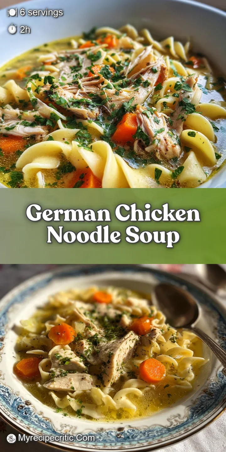 Close-up view of rich chicken noodle soup, highlighting plump noodles, juicy chicken, and glistening droplets of broth wit...