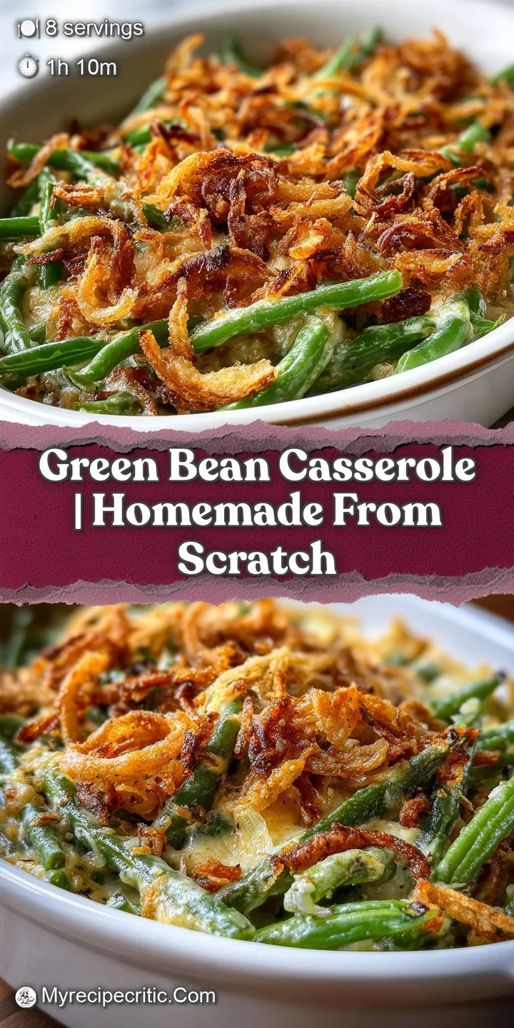 Close-up of green bean casserole, glistening with creamy sauce. Crunchy fried onions and crispy bacon bits beckon.