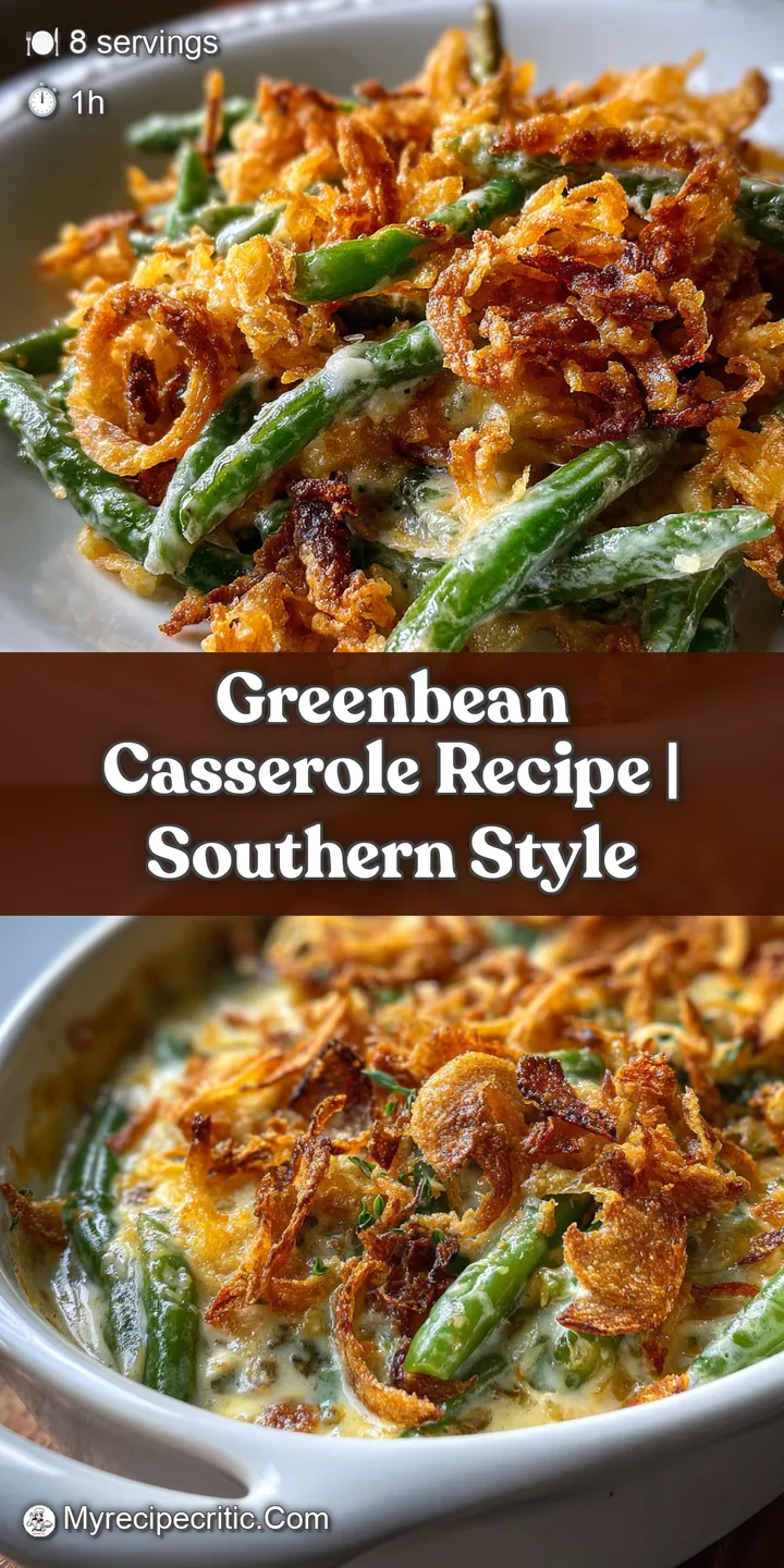 Close-up of creamy, comforting green bean casserole showing the tender green beans and rich, velvety mushroom sauce gliste...