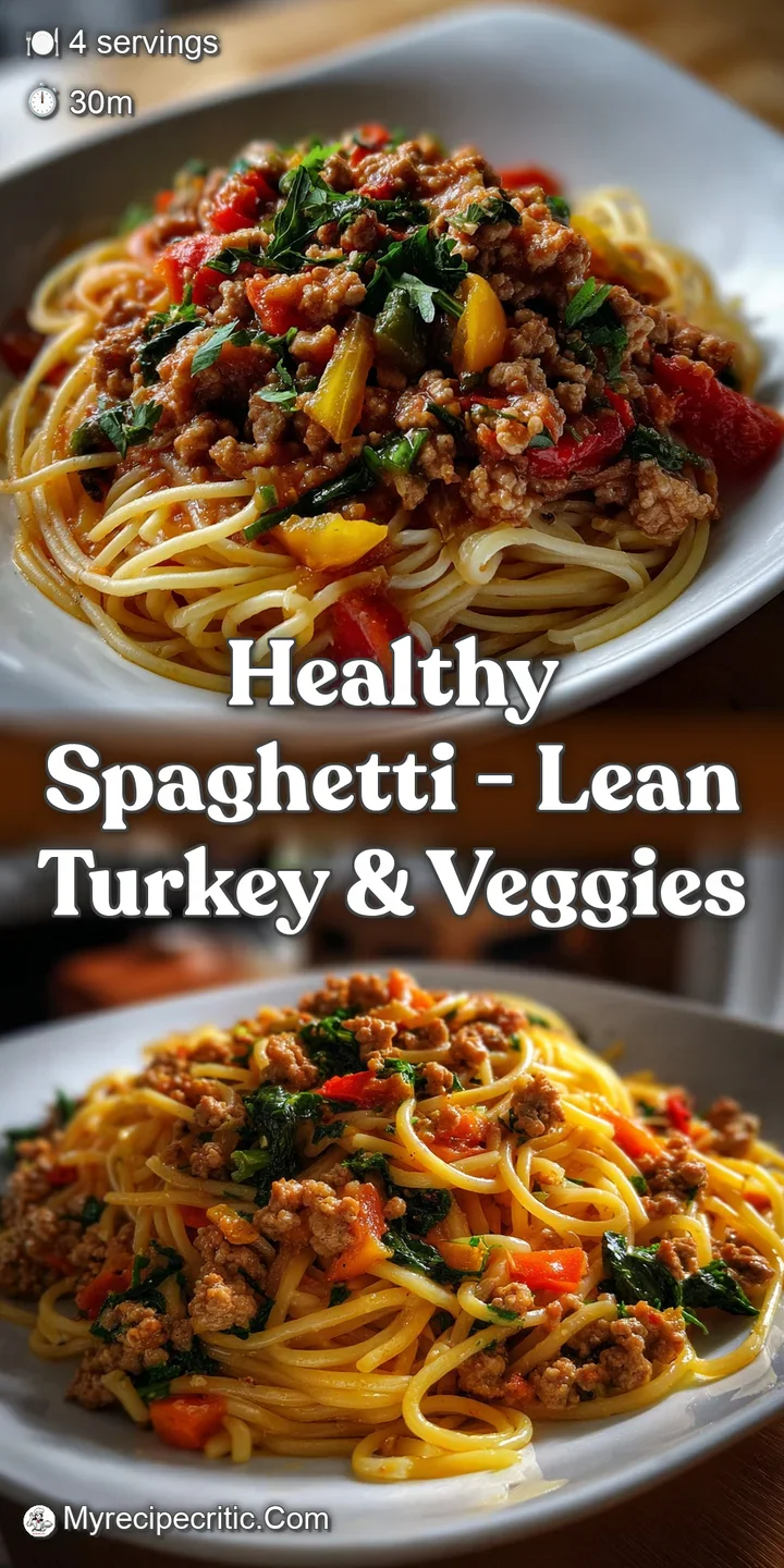 Close-up shot of steaming spaghetti and lean turkey. The glossy red sauce coats the noodles, with visible flecks of herbs ...