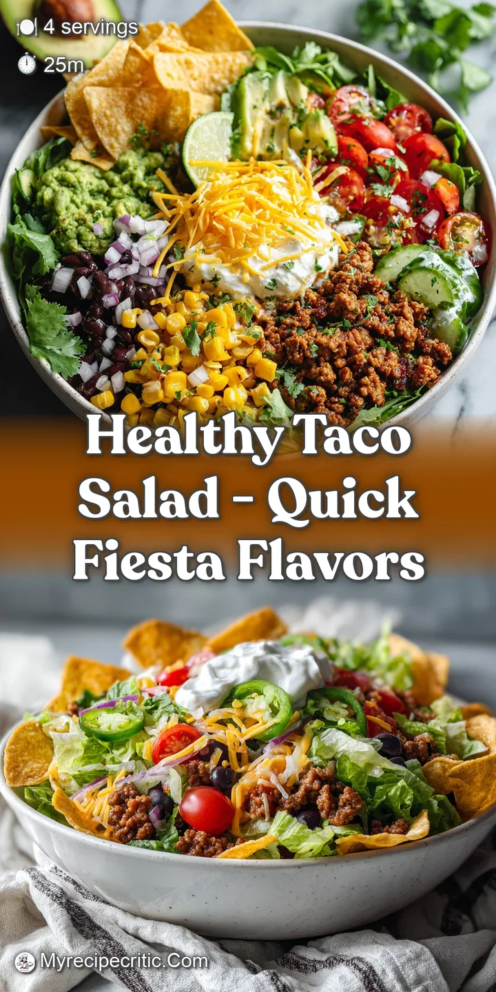 Close-up of a taco salad showcasing the textures of seasoned beef, crisp lettuce, and vibrant toppings, promising a flavor...