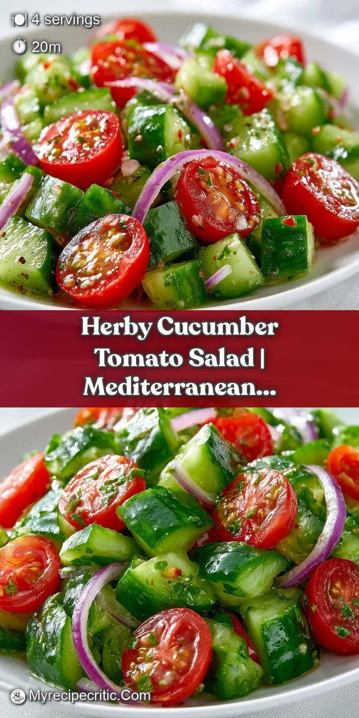 Close-up of juicy red tomato wedges and crisp cucumber moons glistening with a light vinaigrette and chopped herbs.