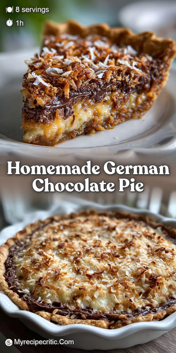 Close-up of decadent German chocolate pie filling showing smooth, silky texture, with crunchy coconut and chocolate.