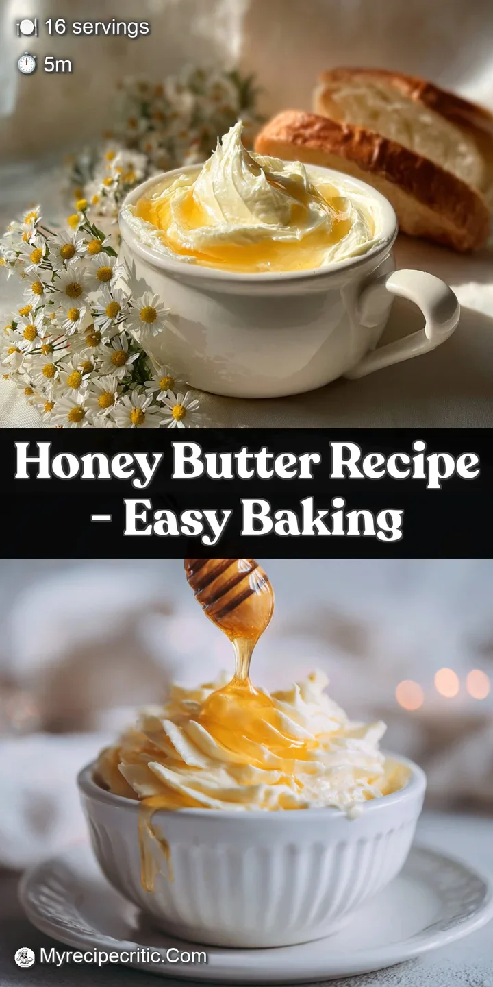 Close-up reveals honey butter's smooth, light-golden texture; glistening droplets catch light, highlighting its creamy, ai...