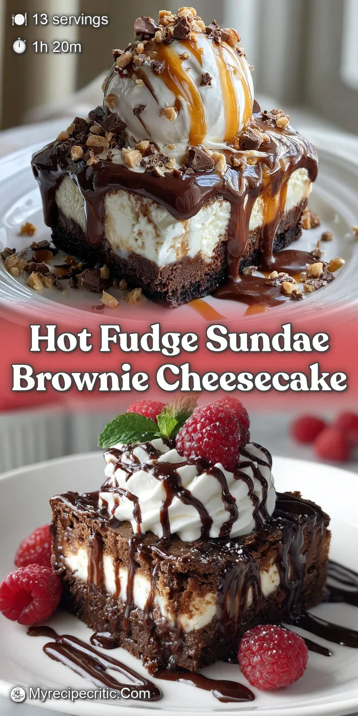 Close-up of gooey hot fudge cascading down a brownie cheesecake square, topped with whipped cream and colorful sprinkles. ...