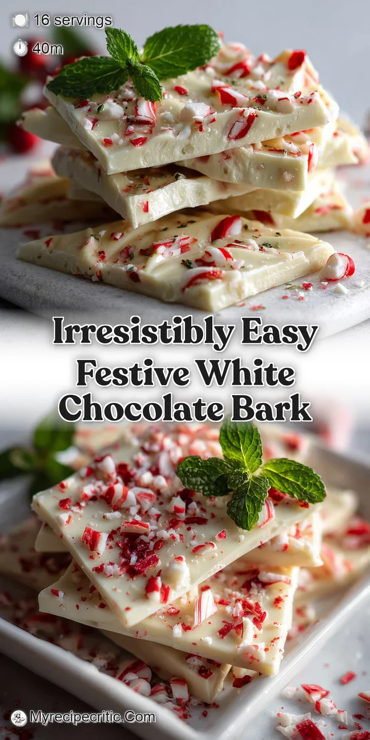 Close-up of glistening white chocolate bark with vibrant red peppermint pieces; a tempting holiday treat, ready to eat!