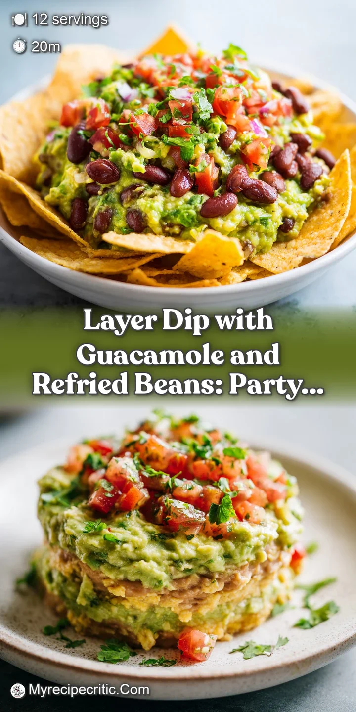 Close-up of a layered dip with chunky guacamole, smooth refried beans, and a vibrant tomato salsa, topped with shredded ch...