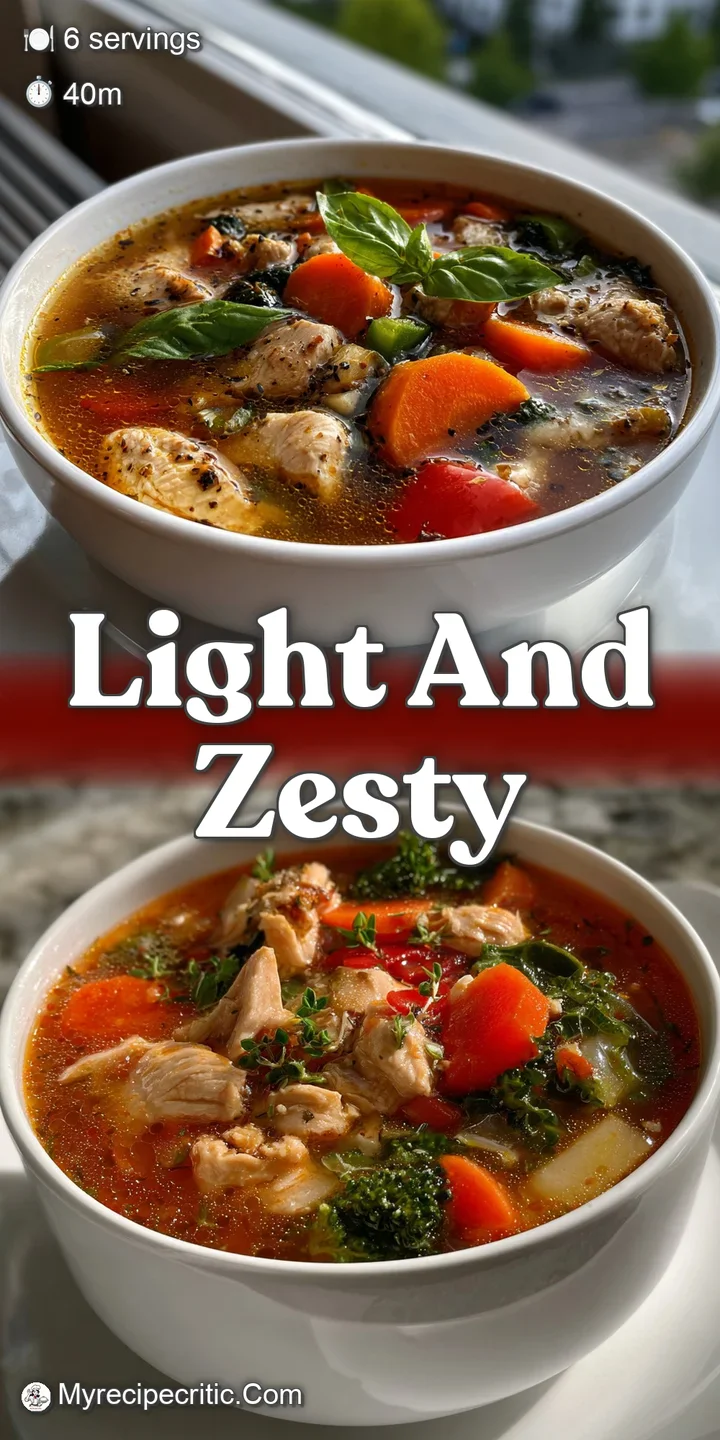 Close-up of the flavorful soup. The broth is rich and golden, showcasing tender chicken pieces and perfectly cooked vegeta...