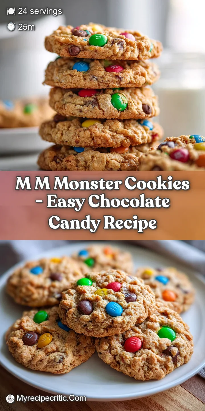 Close-up of a monster cookie, highlighting its chewy, crisp texture, scattered colorful candies, and golden-brown oat spec...