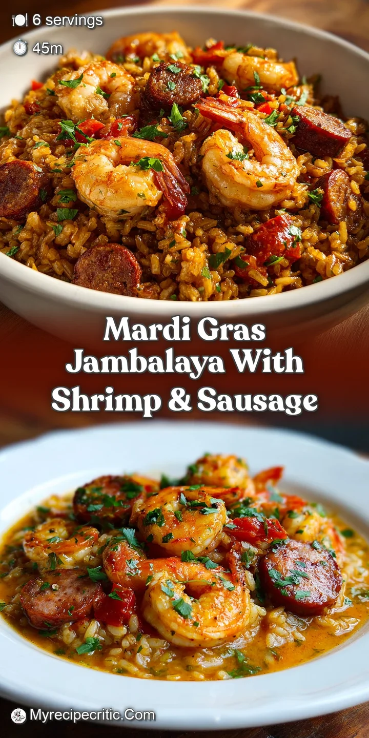 Close-up of glistening Jambalaya. Juicy shrimp and spicy sausage mingling with rice & vegetables in a flavorful sauce.