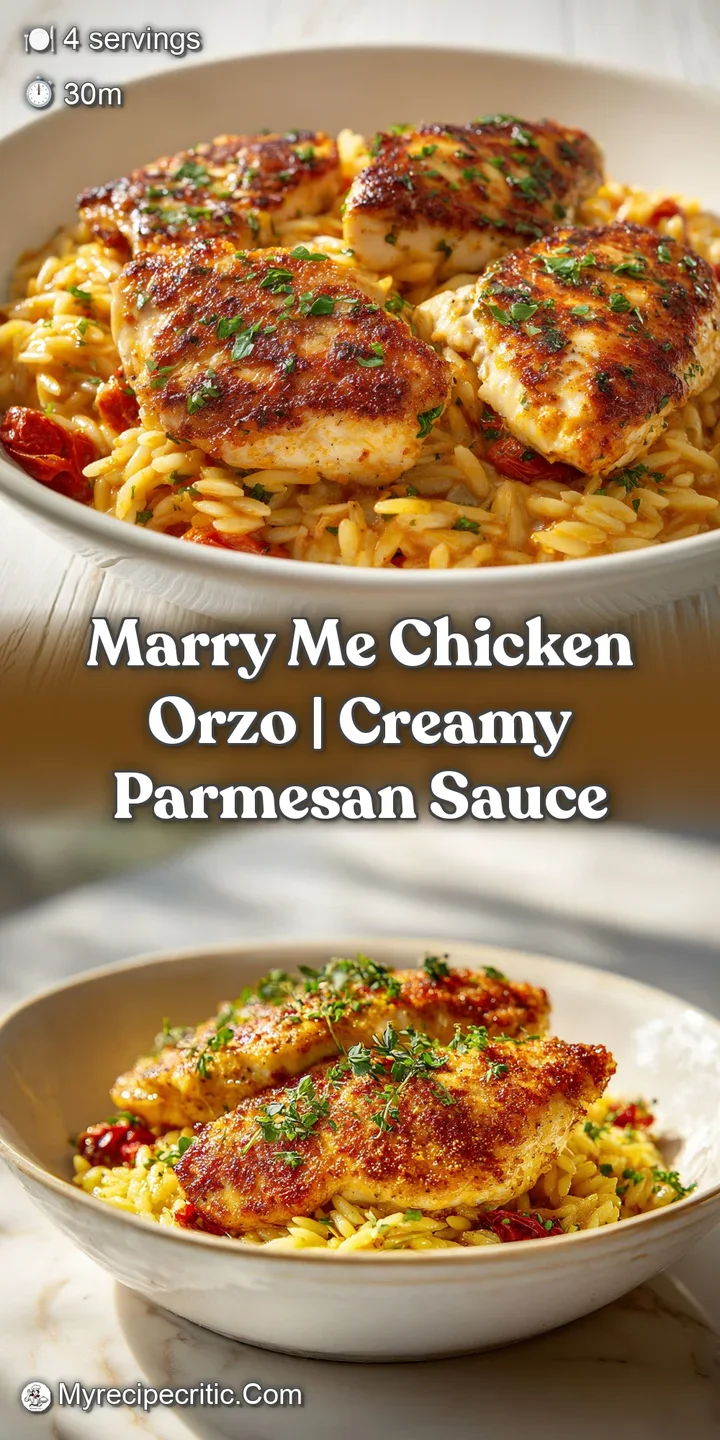 Close-up of juicy chicken and tender orzo swimming in a rich, velvety cream sauce with tangy red sundried tomatoes.