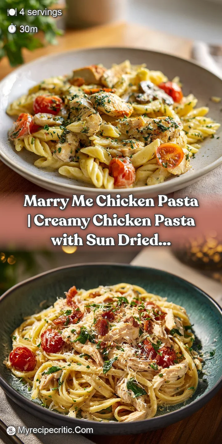 Close-up of rich, creamy pasta coating perfectly cooked chicken, with bright red sun-dried tomato slivers.