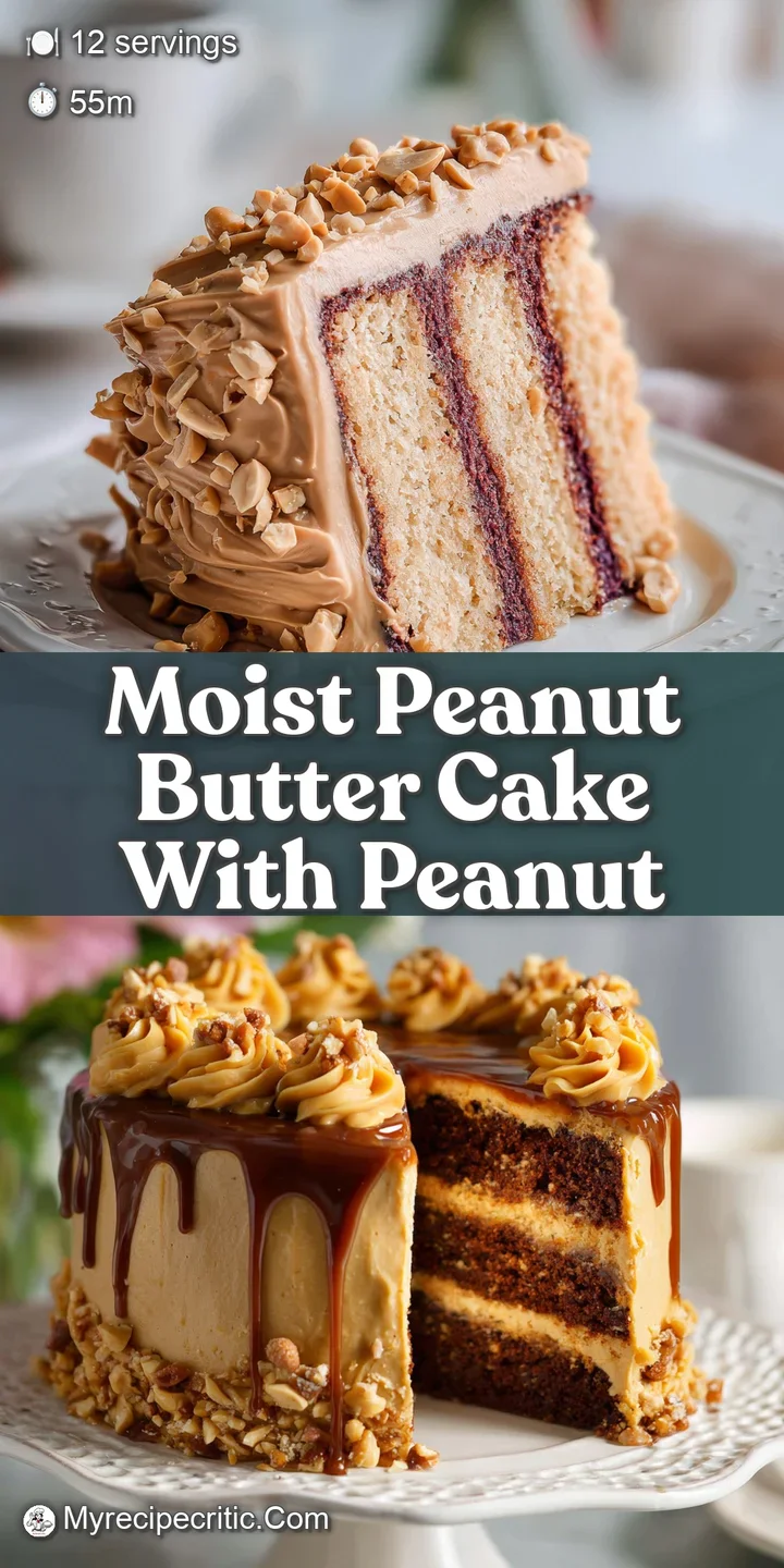 Close-up reveals the moist, inviting crumb of peanut butter cake. Glistening surface & scattered peanuts highlight texture...