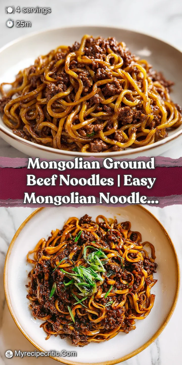 Close-up of glossy, sauce-coated noodles and browned beef with tiny sesame seeds and bright green scallion slivers.