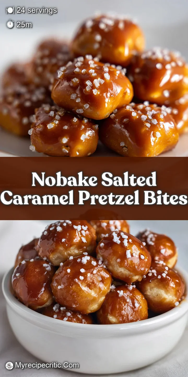 Close-up of a no-bake pretzel bite: golden caramel oozing over salty pretzel pieces, topped with flakes of sea salt.