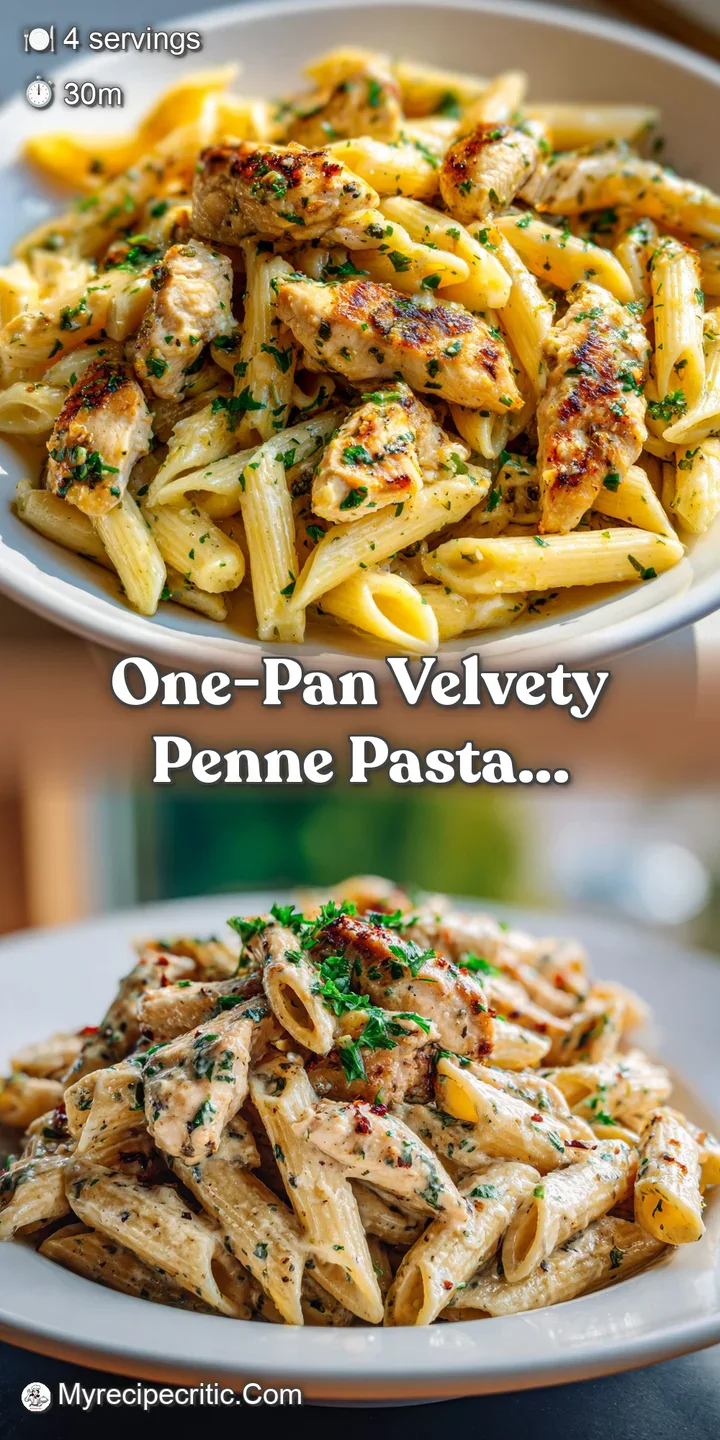 Close-up shows the creamy, velvety texture of penne pasta, bathed in a luscious sauce with herb flecks.
