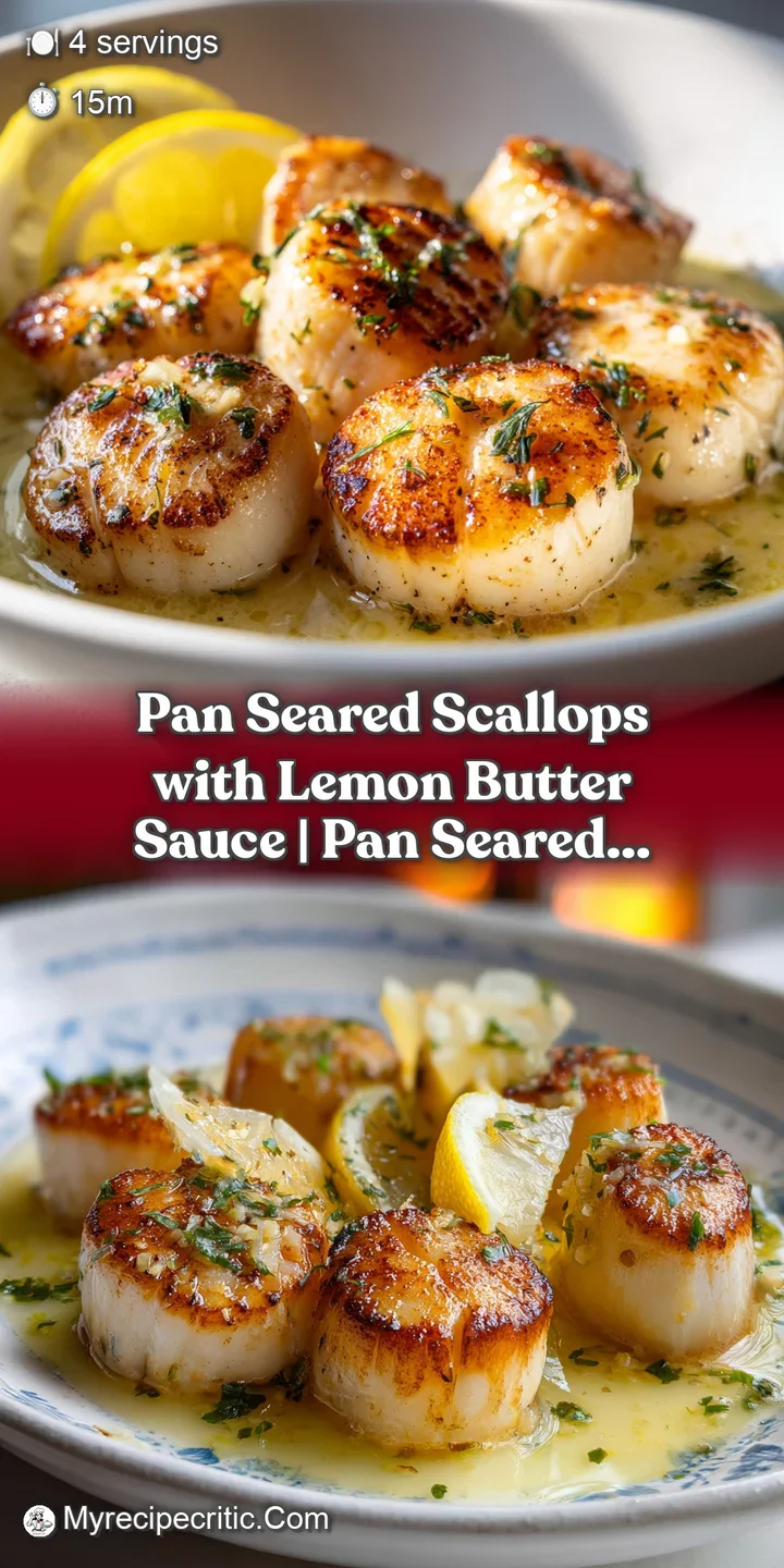 Close-up of tender, seared scallops with a beautiful caramelization, coated in a rich, shimmering lemon butter sauce.