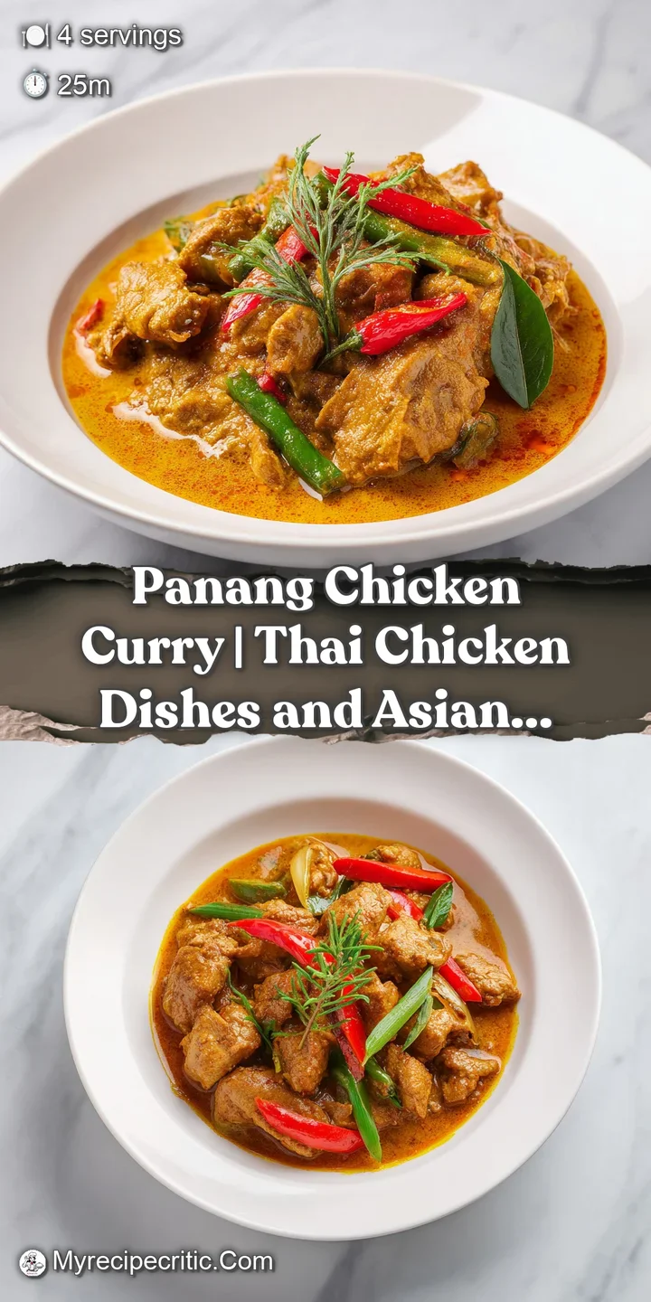 Close-up of succulent chicken pieces and crisp green beans in a creamy, deep-red panang curry sauce, glistening invitingly.