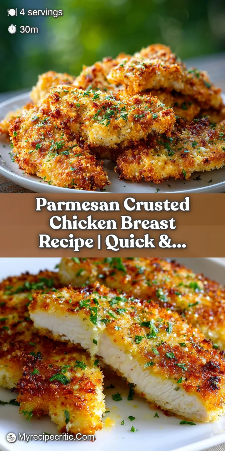 Close-up of parmesan crusted chicken showing detail of the browned, cheesy crust. Hints of juicy chicken visible underneath.