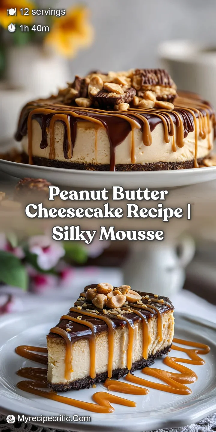 Close-up of rich, dark chocolate melting over a slice of peanut butter cheesecake, highlighting the creamy and decadent te...