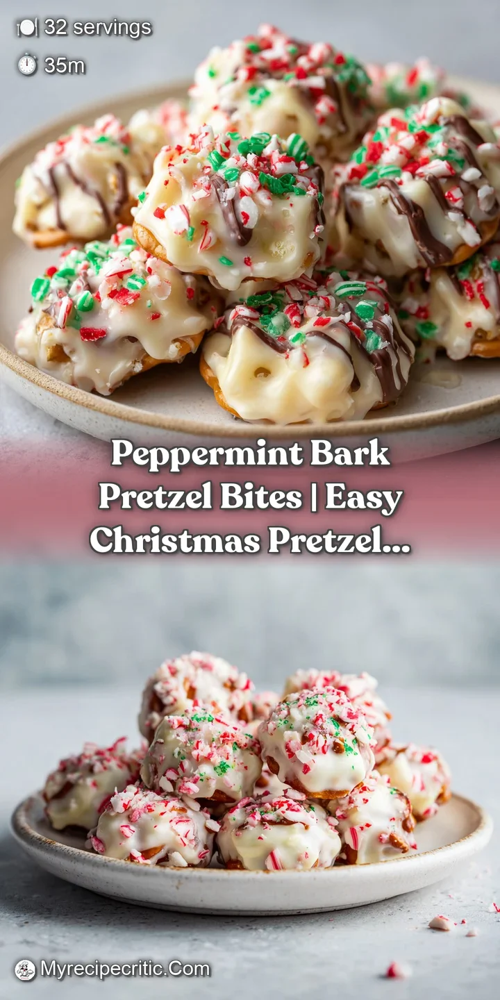 Close-up of a pretzel bite, its crunchy texture peeking through glossy dark chocolate and white peppermint.