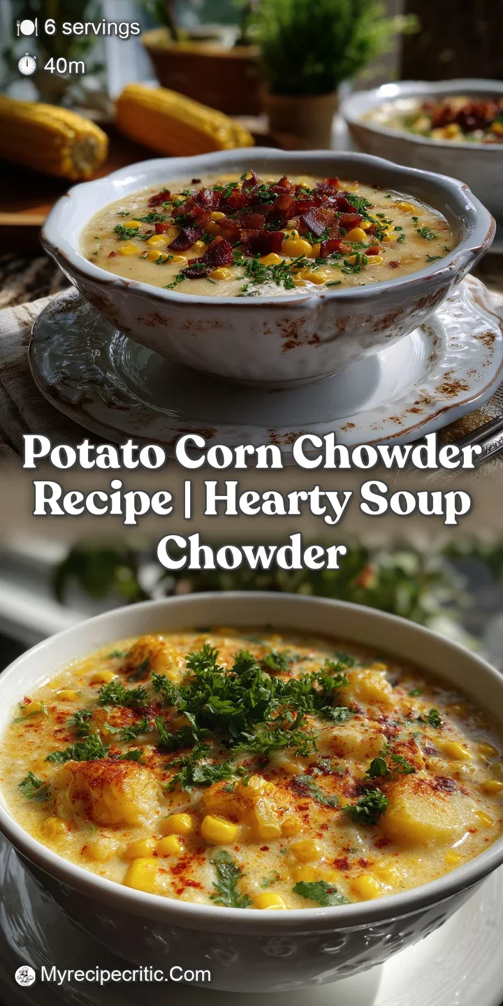 A close-up view of the chowder: The golden corn kernels are mingled with soft potato, in a creamy broth. Steam gently rise...