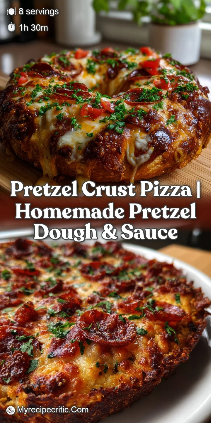Close-up of a pizza with a pretzel-like crust; bubbly cheese pulls, slightly charred edges, and bright red sauce create a ...