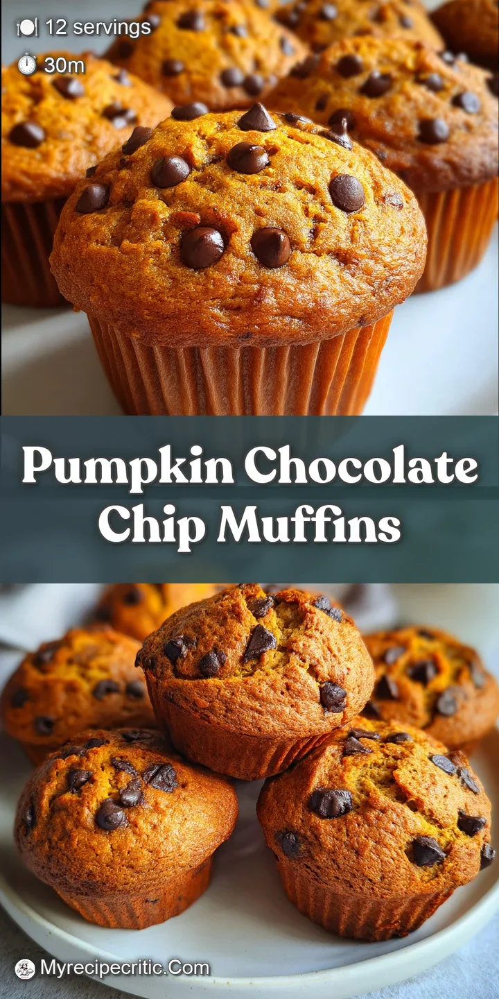 Close-up of a moist pumpkin muffin bursting with melted chocolate chips, a tempting and delicious fall treat.