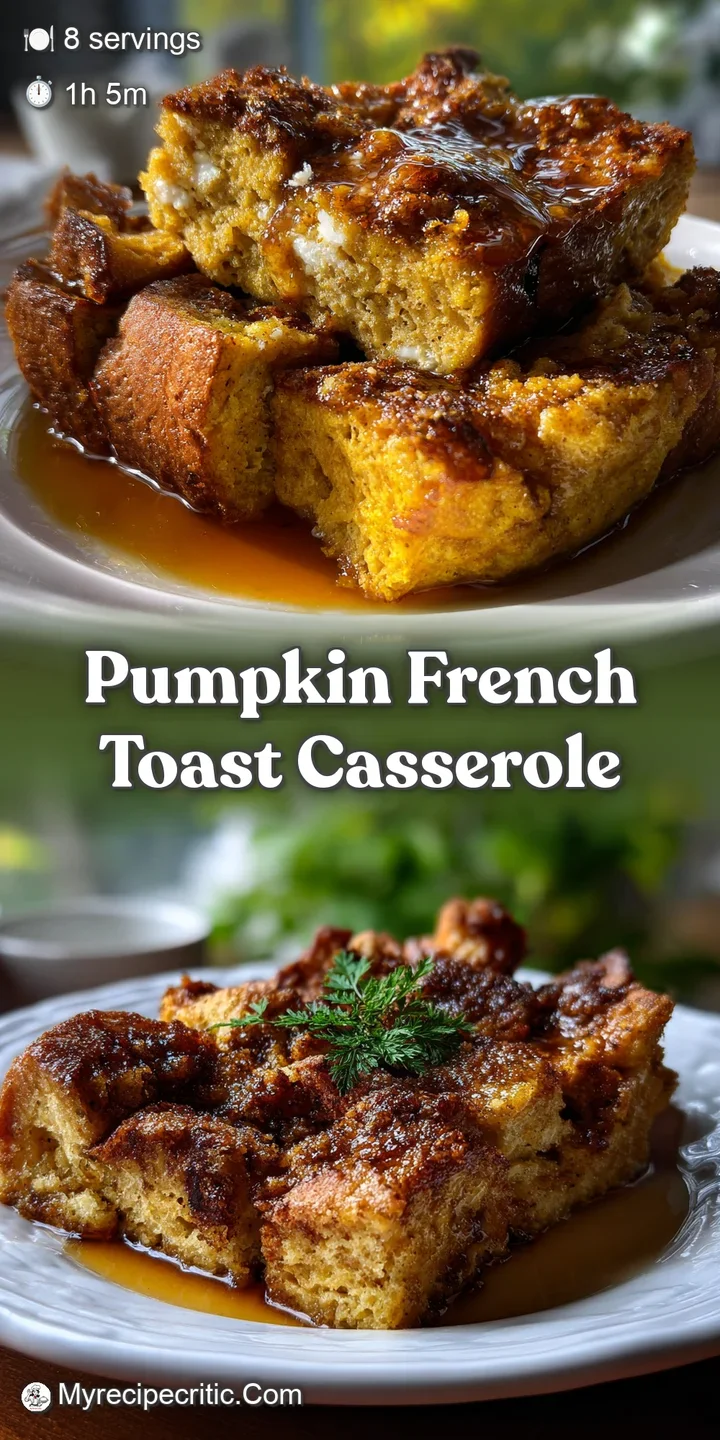 Close-up of moist pumpkin French toast casserole. Notice the soft texture and hints of cinnamon and spice. Perfect fall br...