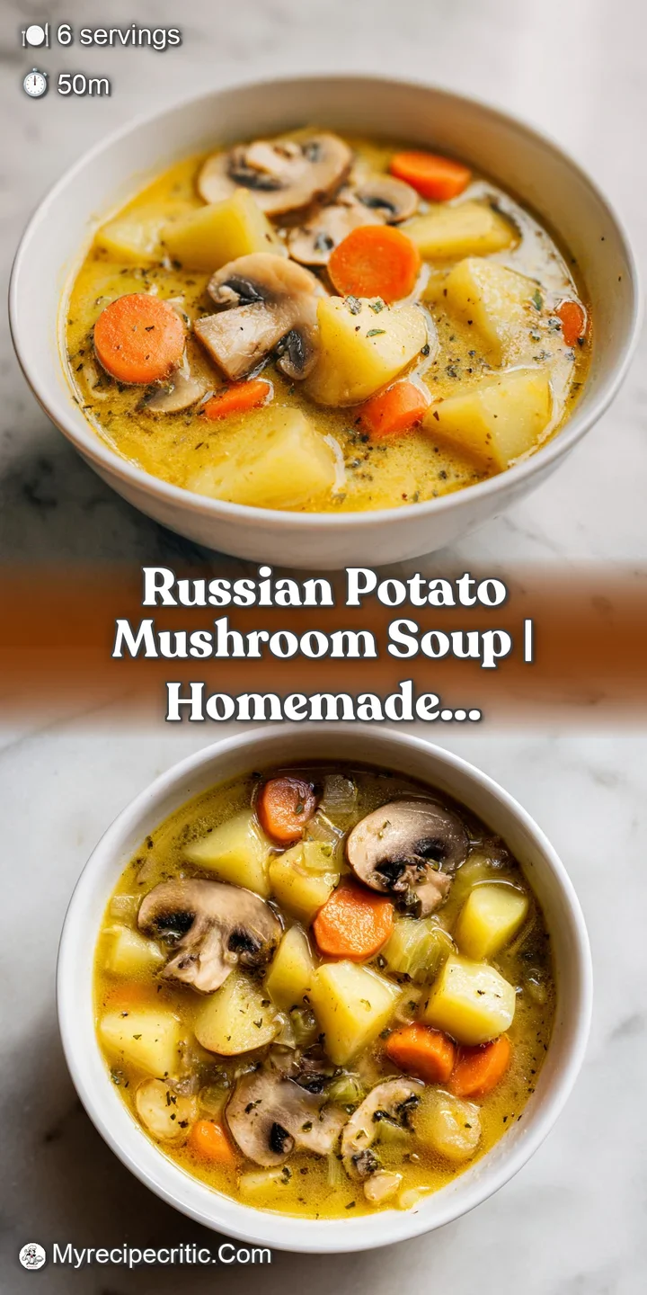 Close-up of tender potato chunks and brown mushrooms in a velvety, steaming broth garnished with bright green herbs.