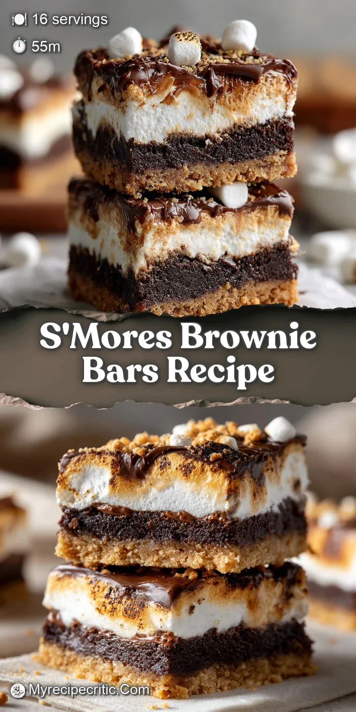 Close-up of a s'mores brownie bar revealing the gooey marshmallow, rich chocolate, and crunchy graham cracker layers.