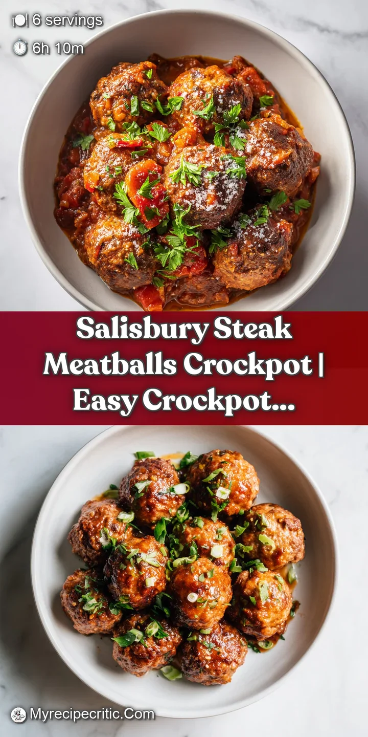Close-up of tender Salisbury steak meatballs glistening in a dark, savory gravy. Hints of herbs and spices visible within.