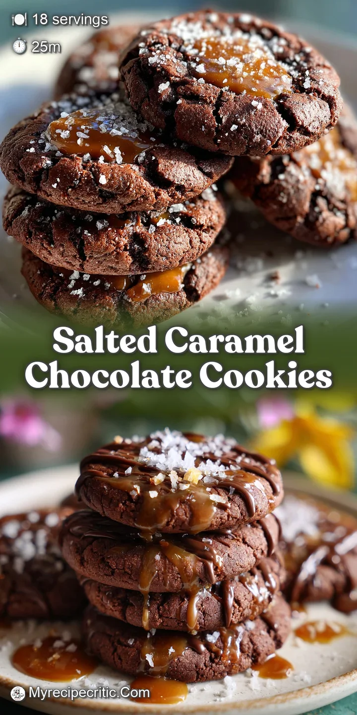 Close-up of a salted caramel chocolate cookie reveals gooey caramel and melted chocolate chunks in a slightly crisp, golde...